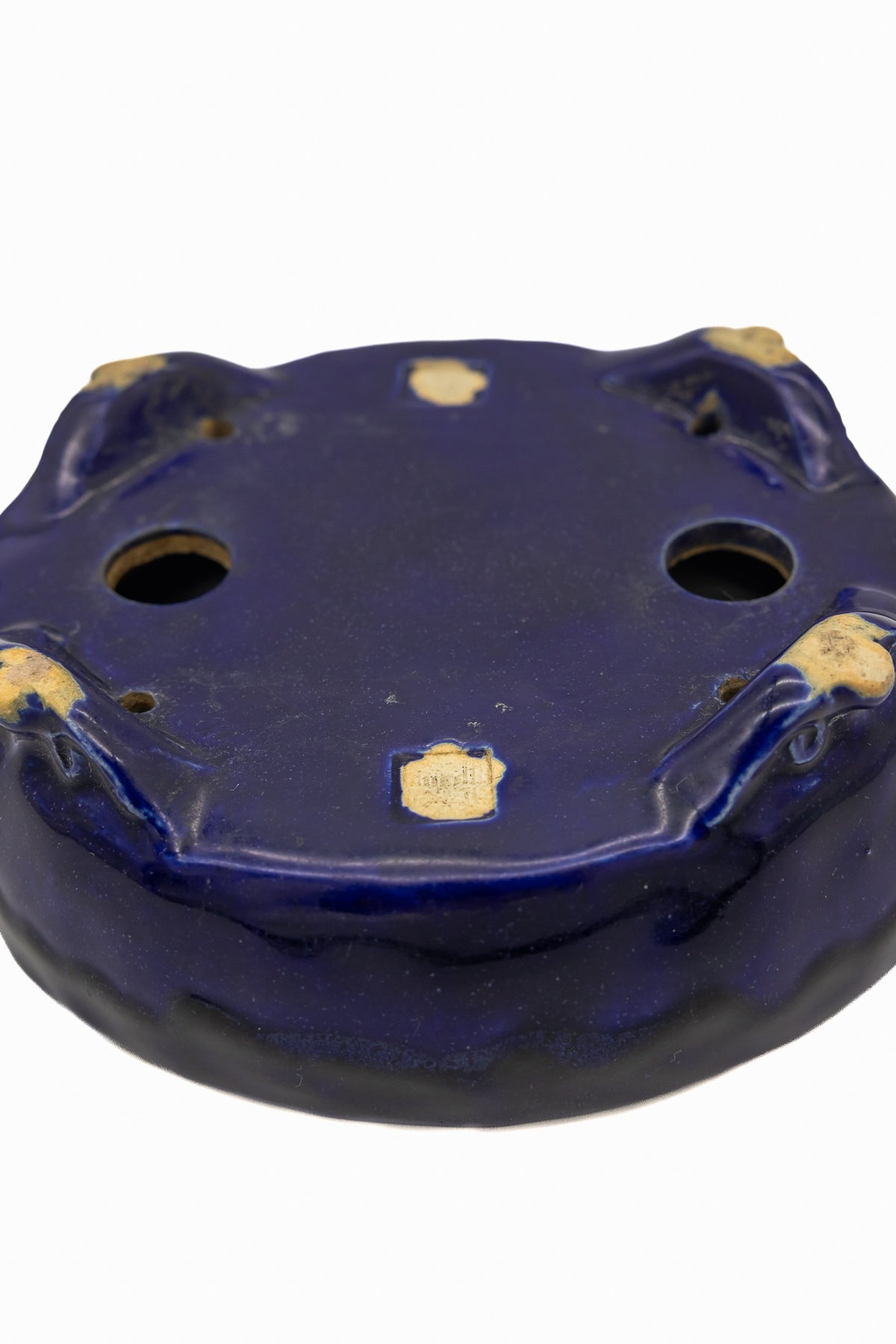 Small Rectangle Ruri Blue Glazed Japanese Bonsai Pot – Bushuan Kiln, Double Chop, Deep Glaze, Cloud Feet, Glazed Bottom