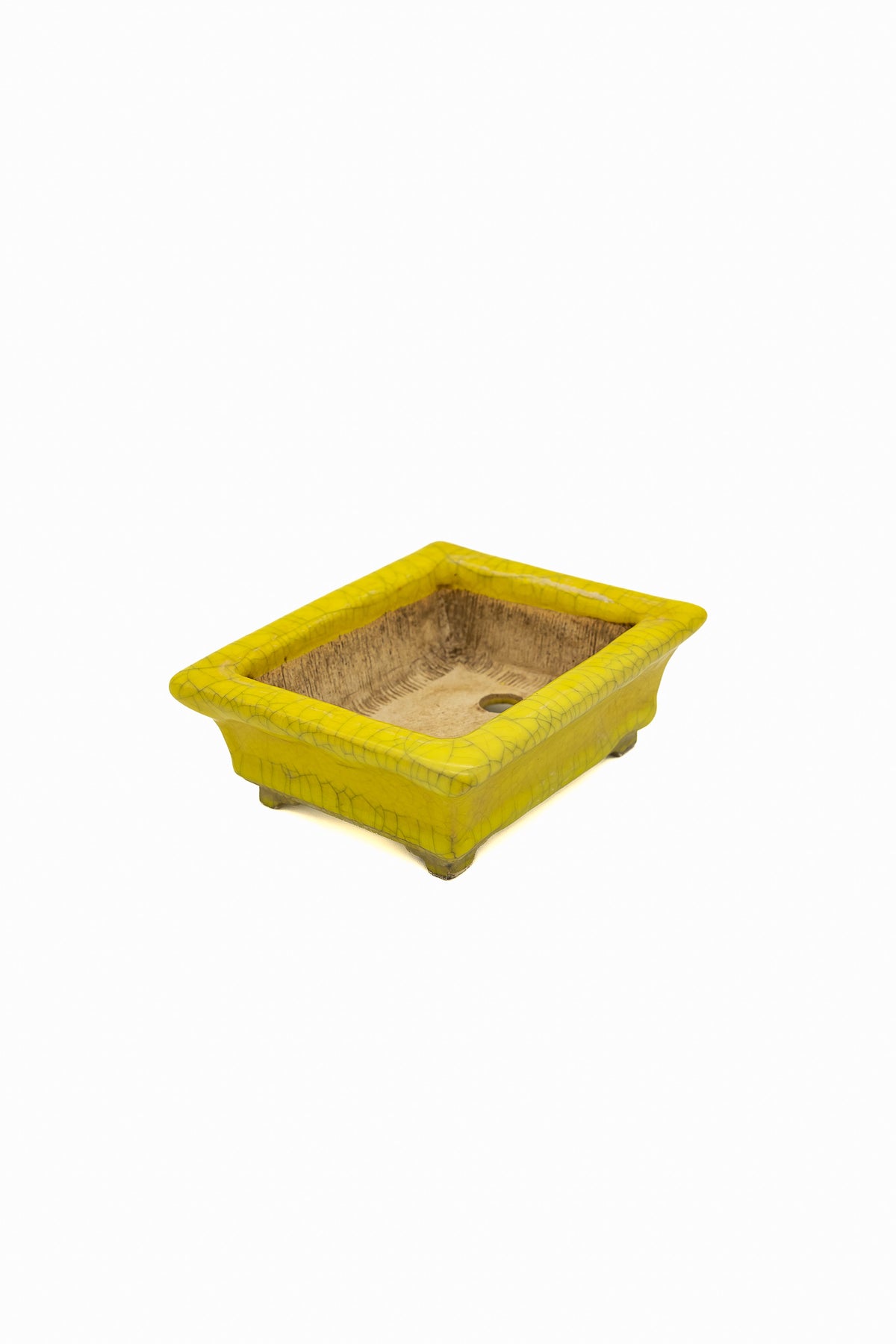 Small Rectangular Yellow Crackled Glaze Japanese Bonsai Pot – Bushuan Kiln, Step Cut Feet, Heavy Drip, Chop Mark