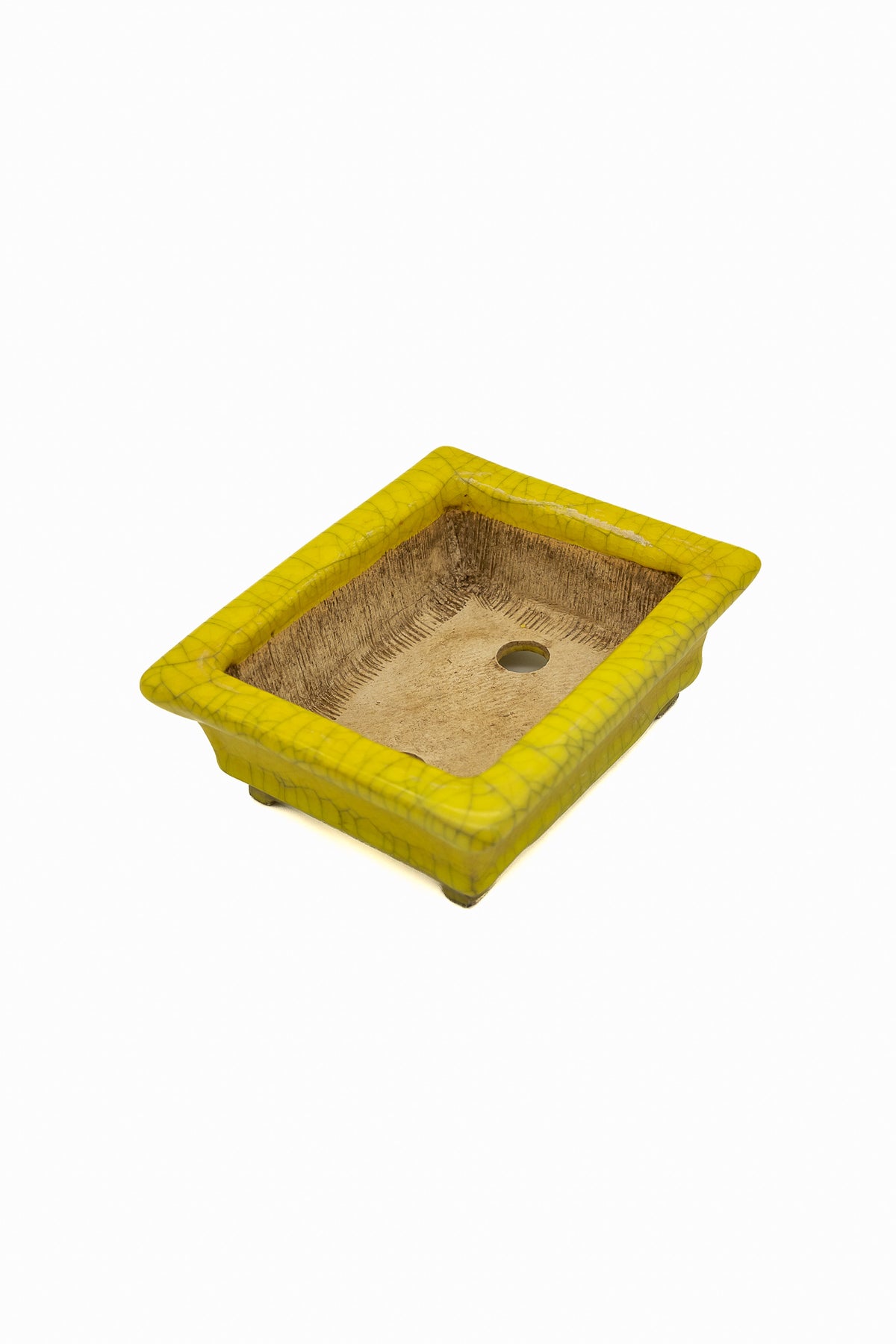 Small Rectangular Yellow Crackled Glaze Japanese Bonsai Pot – Bushuan Kiln, Step Cut Feet, Heavy Drip, Chop Mark