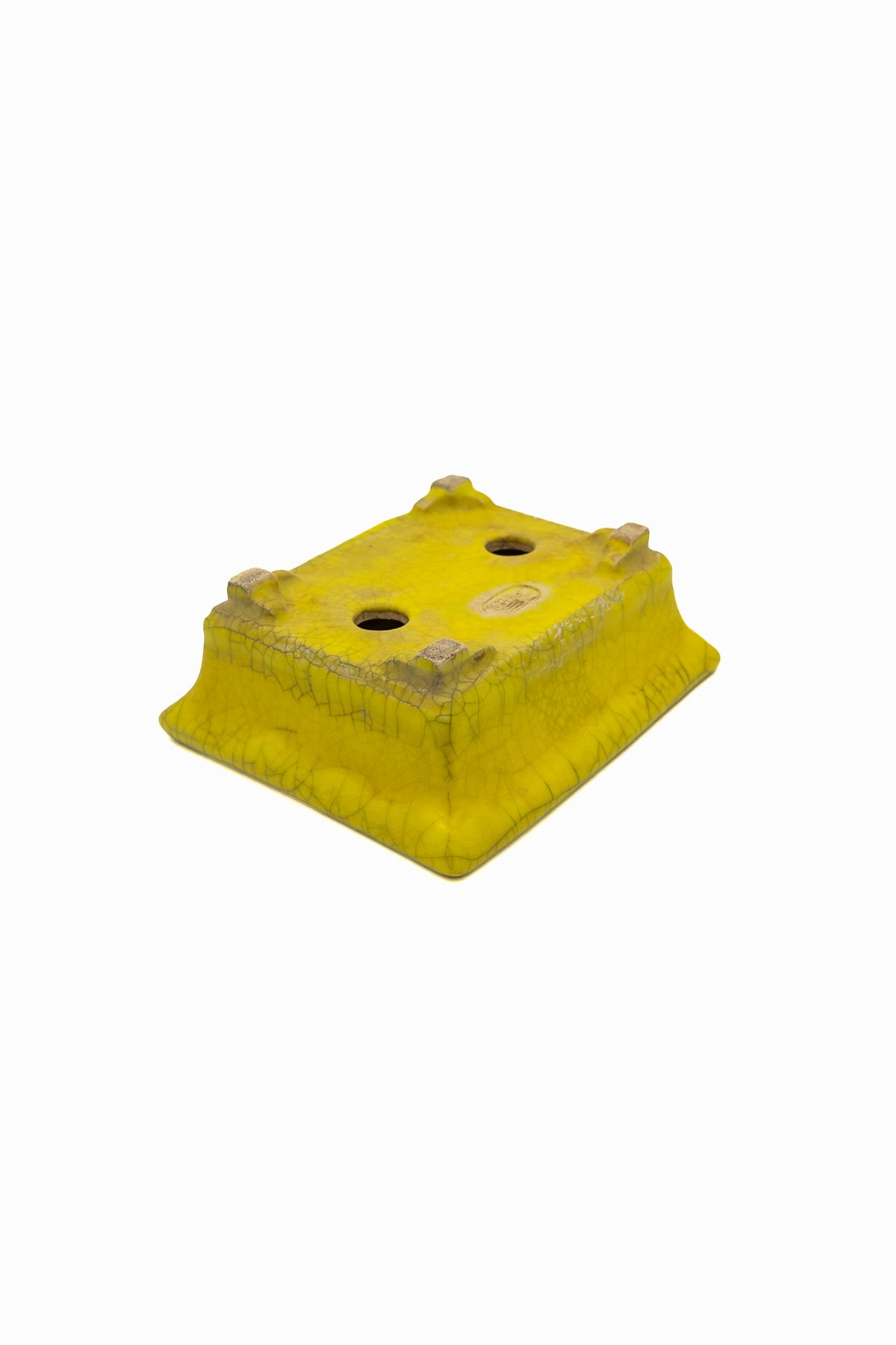 Small Rectangular Yellow Crackled Glaze Japanese Bonsai Pot – Bushuan Kiln, Step Cut Feet, Heavy Drip, Chop Mark