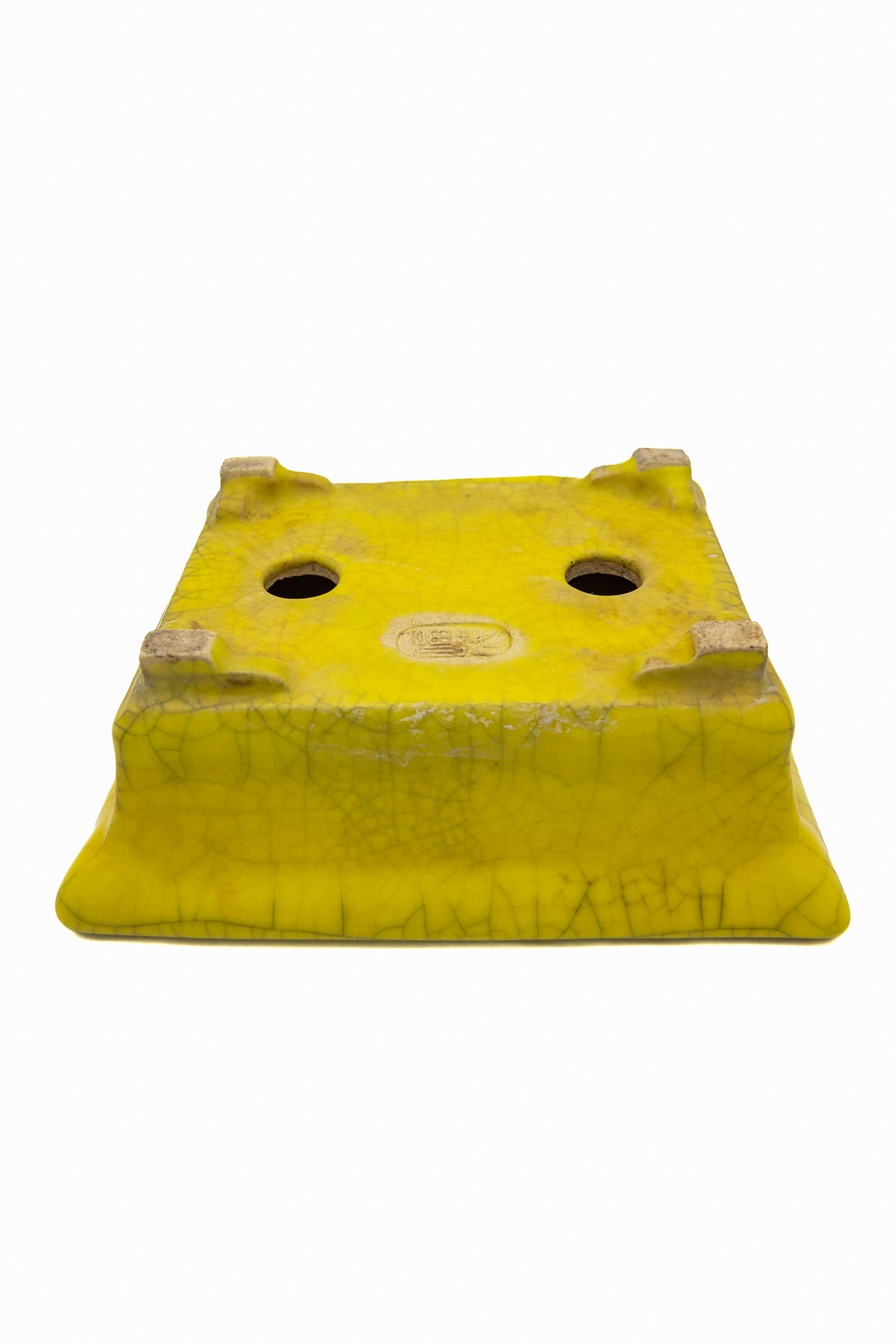 Small Rectangular Yellow Crackled Glaze Japanese Bonsai Pot – Bushuan Kiln, Step Cut Feet, Heavy Drip, Chop Mark