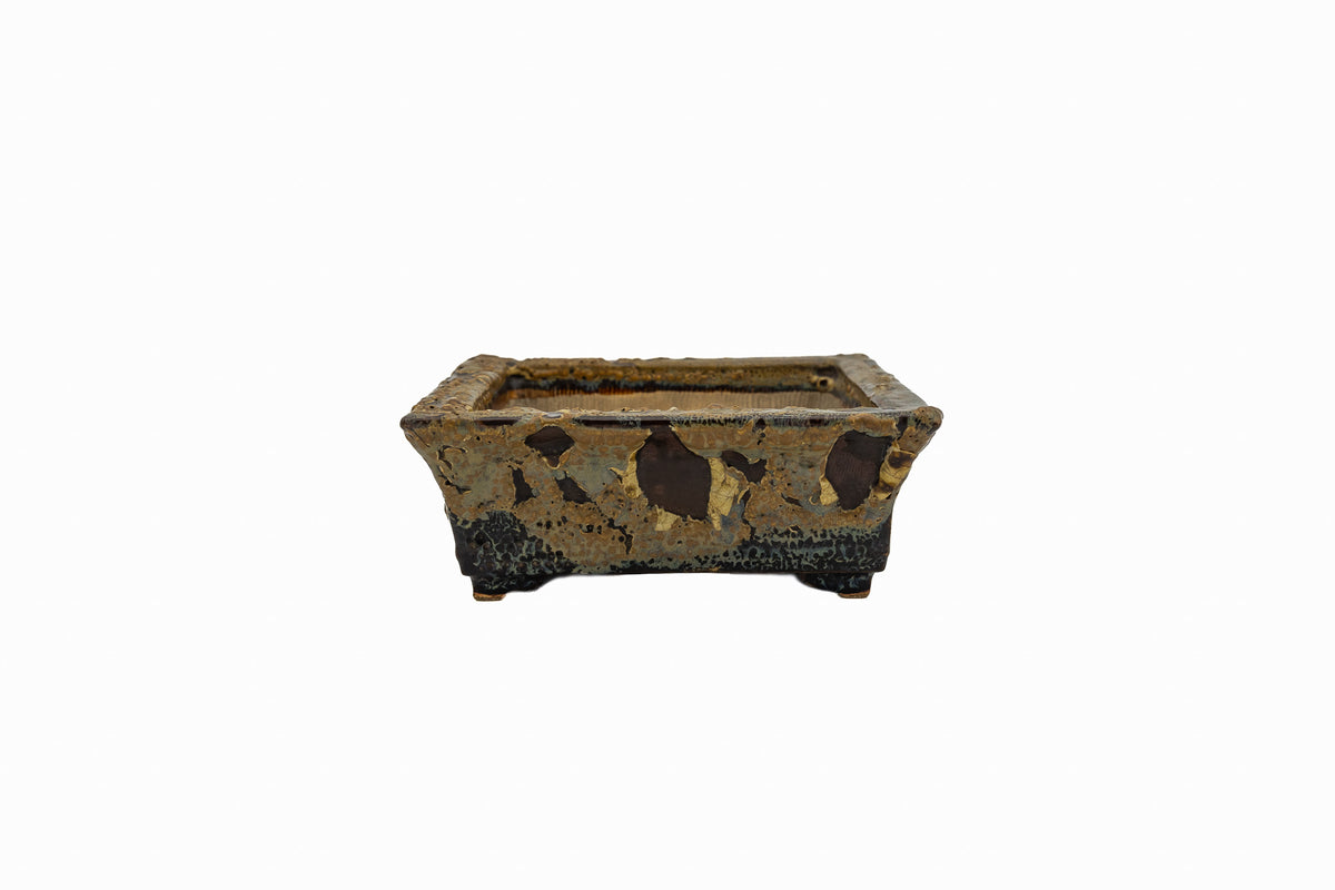 Small Rectangular Rustic Multi-Colored Glazed Japanese Bonsai Pot #705– Bushuan Kiln, Bold Feet, Hand Formed, Glazed Bottom, Chop Mark