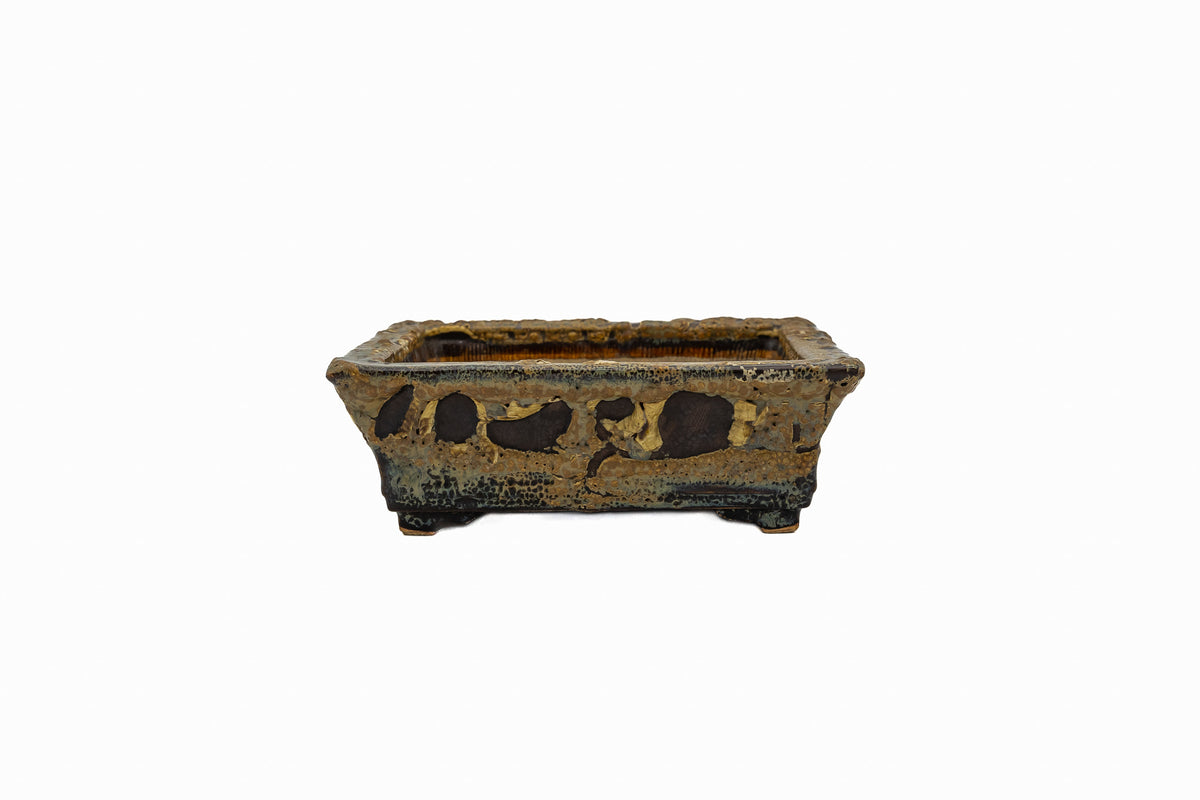 Small Rectangular Rustic Multi-Colored Glazed Japanese Bonsai Pot #705– Bushuan Kiln, Bold Feet, Hand Formed, Glazed Bottom, Chop Mark