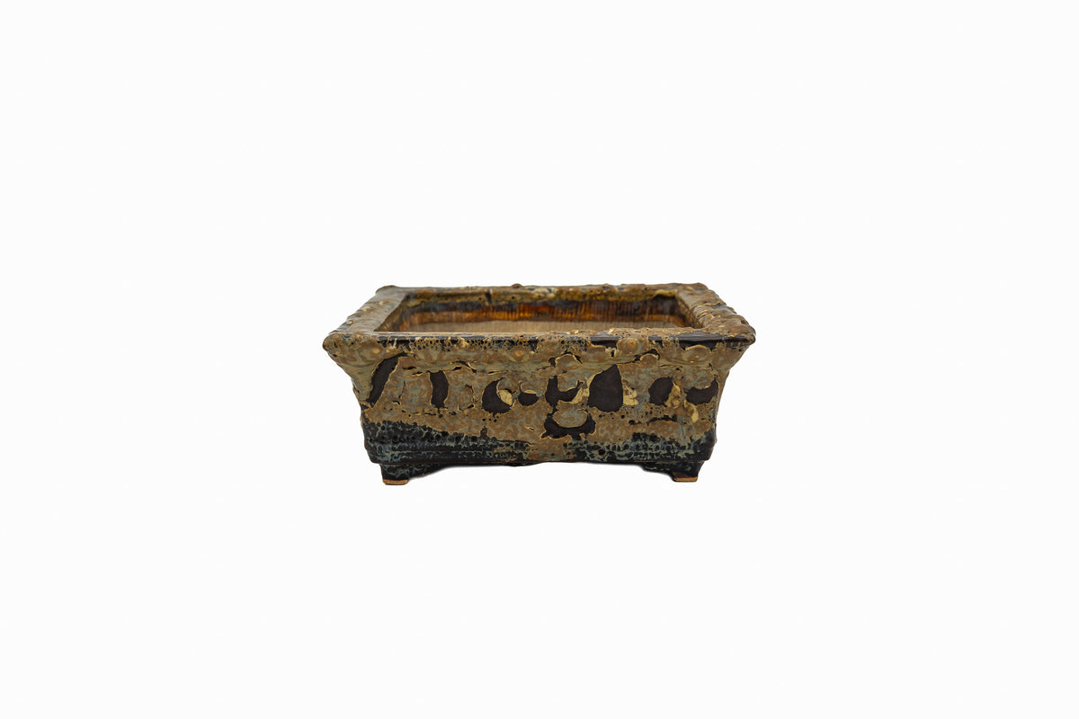 Small Rectangular Rustic Multi-Colored Glazed Japanese Bonsai Pot #705– Bushuan Kiln, Bold Feet, Hand Formed, Glazed Bottom, Chop Mark