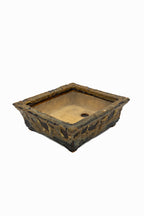 Small Rectangular Rustic Multi-Colored Glazed Japanese Bonsai Pot #705– Bushuan Kiln, Bold Feet, Hand Formed, Glazed Bottom, Chop Mark