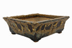 Small Rectangular Rustic Multi-Colored Glazed Japanese Bonsai Pot #705– Bushuan Kiln, Bold Feet, Hand Formed, Glazed Bottom, Chop Mark