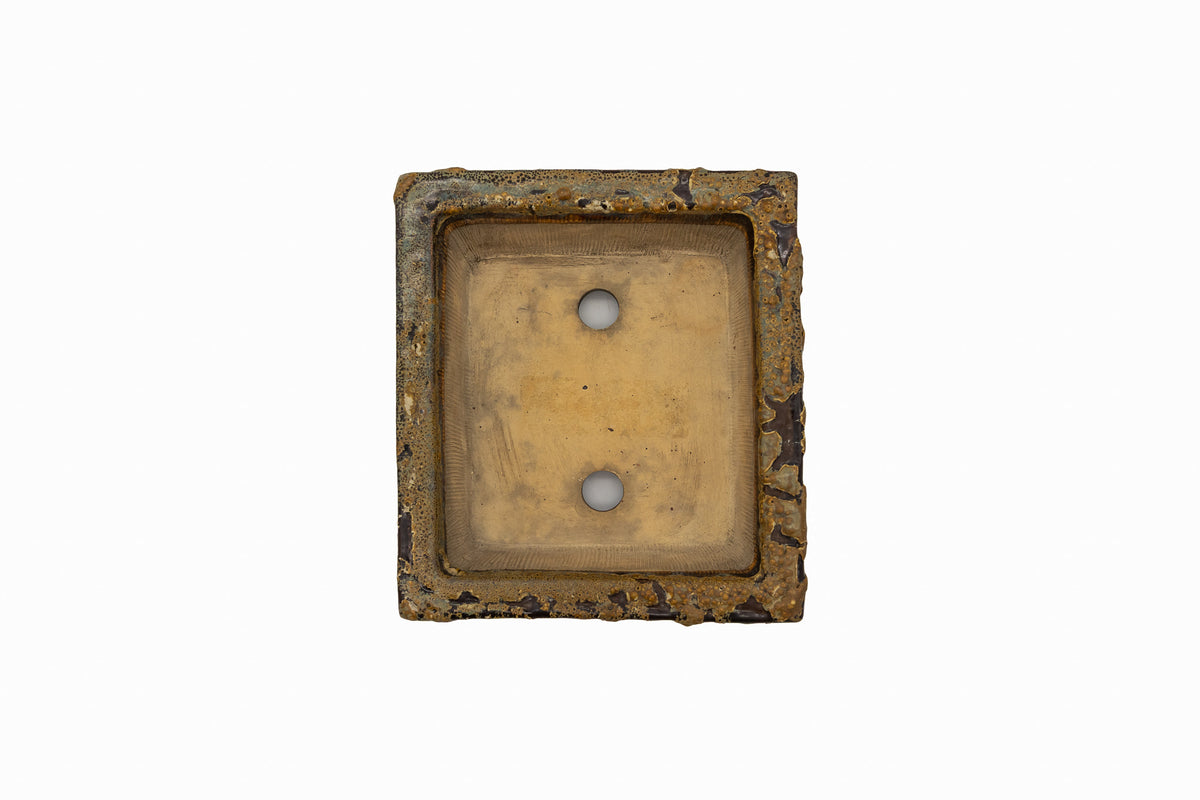 Small Rectangular Rustic Multi-Colored Glazed Japanese Bonsai Pot #705– Bushuan Kiln, Bold Feet, Hand Formed, Glazed Bottom, Chop Mark