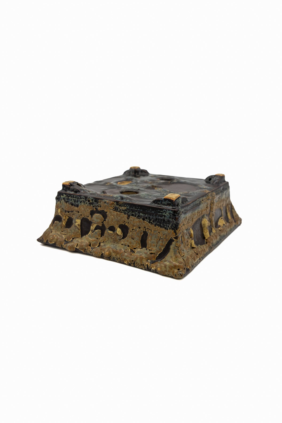 Small Rectangular Rustic Multi-Colored Glazed Japanese Bonsai Pot #705– Bushuan Kiln, Bold Feet, Hand Formed, Glazed Bottom, Chop Mark