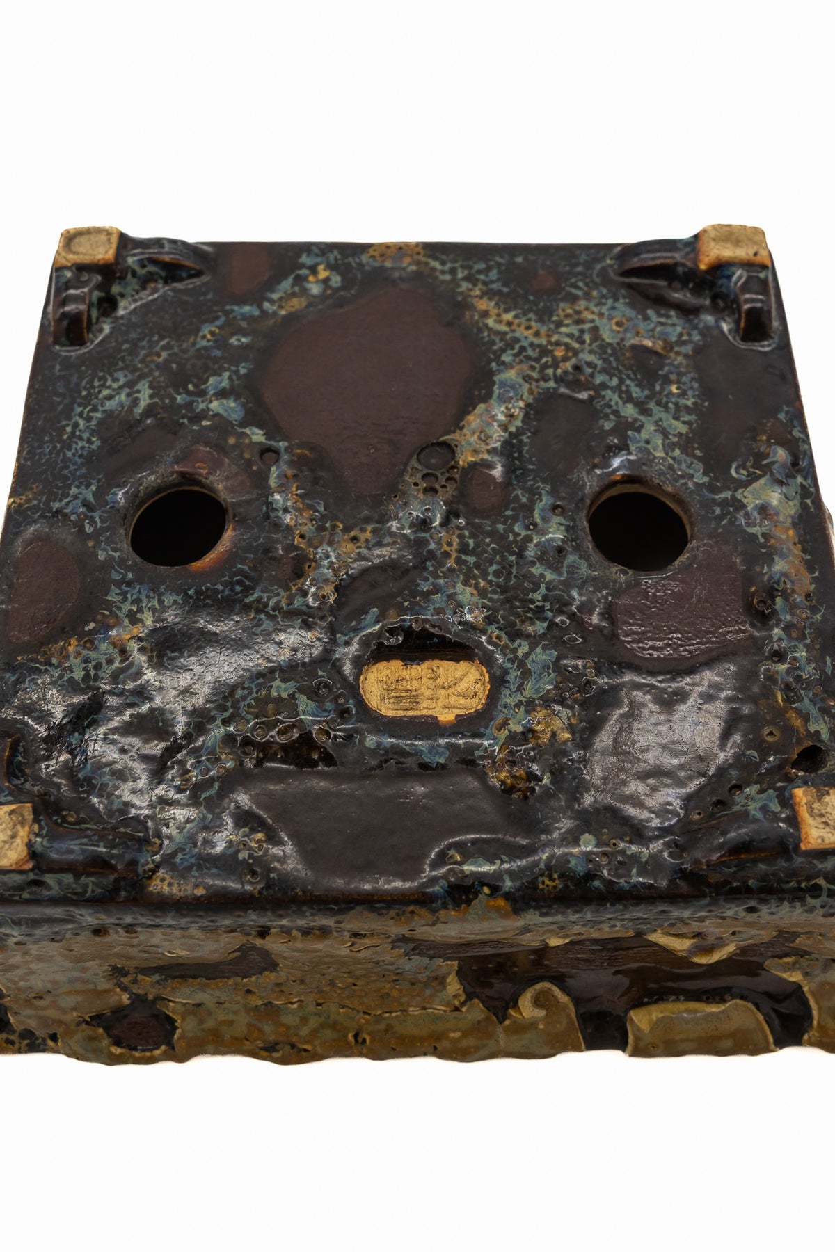 Small Rectangular Rustic Multi-Colored Glazed Japanese Bonsai Pot #705– Bushuan Kiln, Bold Feet, Hand Formed, Glazed Bottom, Chop Mark