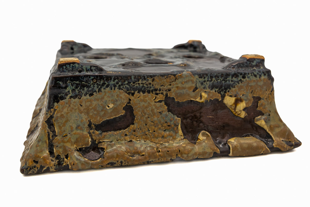 Small Rectangular Rustic Multi-Colored Glazed Japanese Bonsai Pot #705– Bushuan Kiln, Bold Feet, Hand Formed, Glazed Bottom, Chop Mark
