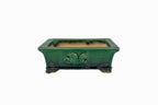 #719 Medium Rectangle Oribe Green Bushuan Japanese Bonsai Pot – Hand Formed Foo-Dog Double Chop Cloud Feet Extended Rim