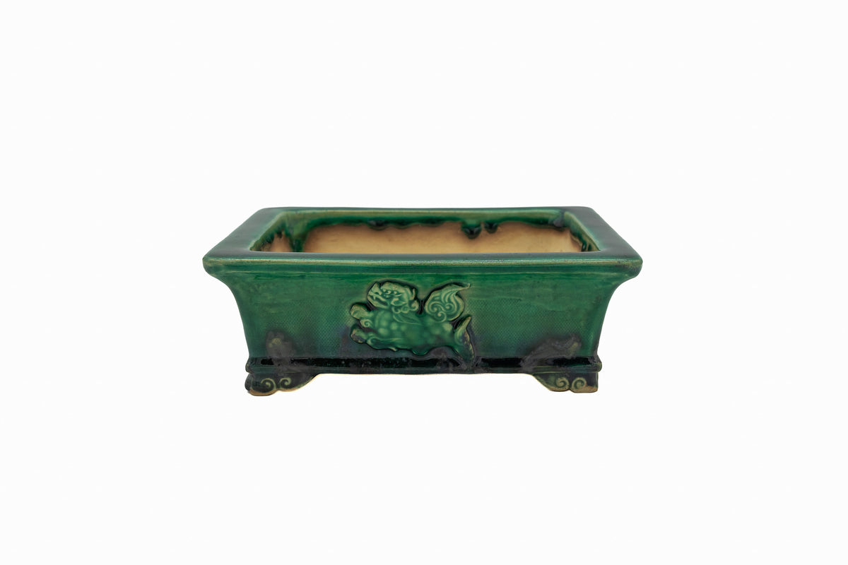 #719 Medium Rectangle Oribe Green Bushuan Japanese Bonsai Pot – Hand Formed Foo-Dog Double Chop Cloud Feet Extended Rim