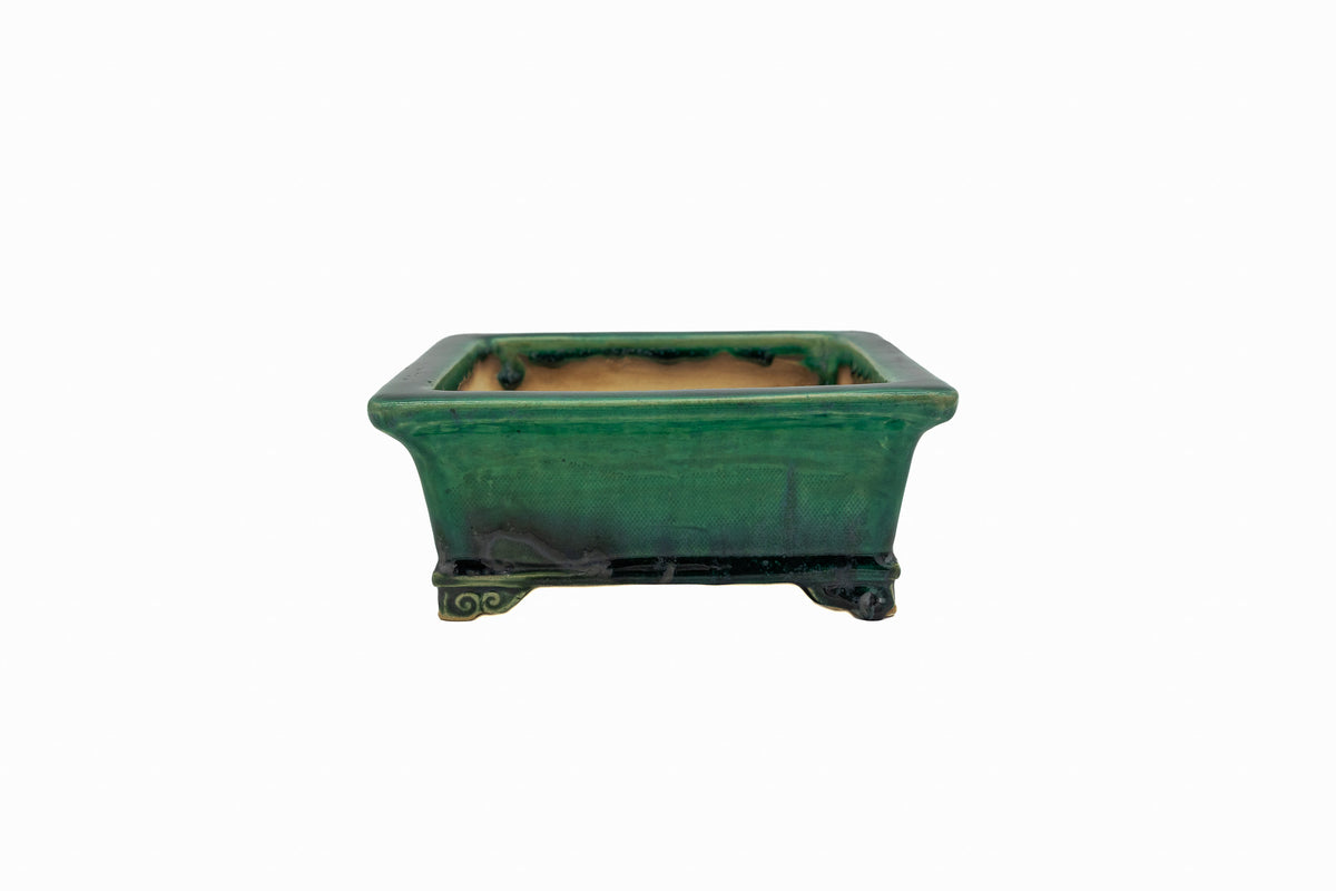#719 Medium Rectangle Oribe Green Bushuan Japanese Bonsai Pot – Hand Formed Foo-Dog Double Chop Cloud Feet Extended Rim