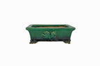 #719 Medium Rectangle Oribe Green Bushuan Japanese Bonsai Pot – Hand Formed Foo-Dog Double Chop Cloud Feet Extended Rim