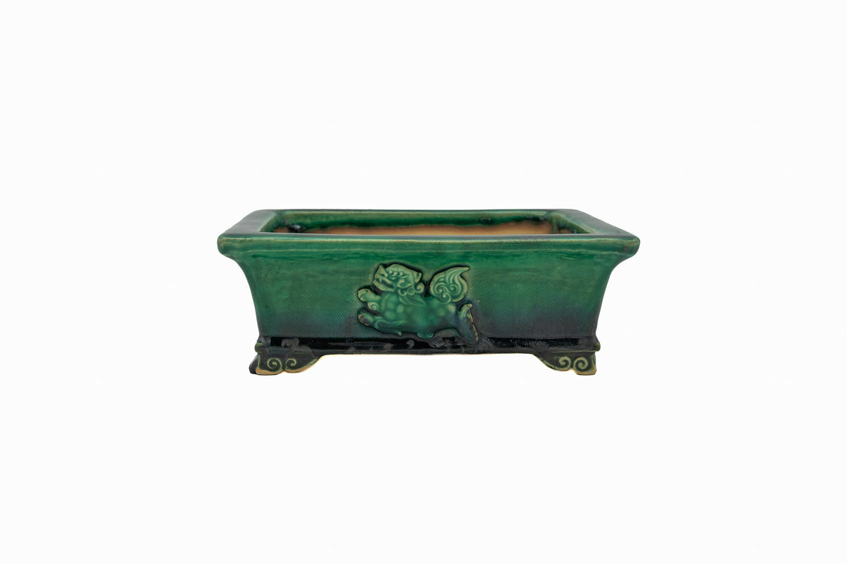 #719 Medium Rectangle Oribe Green Bushuan Japanese Bonsai Pot – Hand Formed Foo-Dog Double Chop Cloud Feet Extended Rim