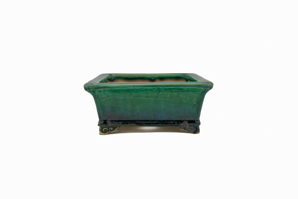 #719 Medium Rectangle Oribe Green Bushuan Japanese Bonsai Pot – Hand Formed Foo-Dog Double Chop Cloud Feet Extended Rim