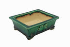 #719 Medium Rectangle Oribe Green Bushuan Japanese Bonsai Pot – Hand Formed Foo-Dog Double Chop Cloud Feet Extended Rim
