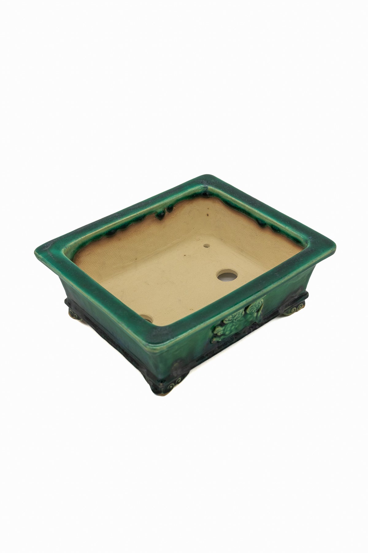 #719 Medium Rectangle Oribe Green Bushuan Japanese Bonsai Pot – Hand Formed Foo-Dog Double Chop Cloud Feet Extended Rim