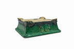 #719 Medium Rectangle Oribe Green Bushuan Japanese Bonsai Pot – Hand Formed Foo-Dog Double Chop Cloud Feet Extended Rim
