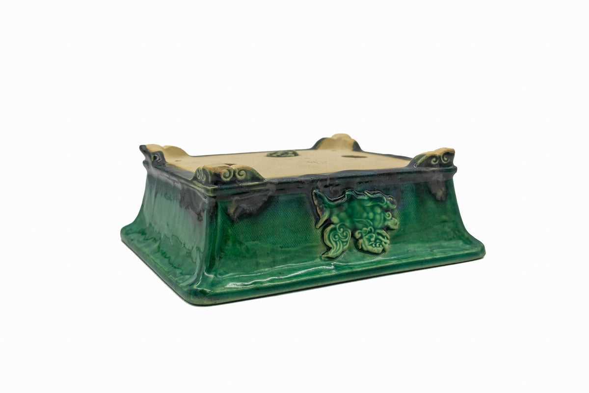#719 Medium Rectangle Oribe Green Bushuan Japanese Bonsai Pot – Hand Formed Foo-Dog Double Chop Cloud Feet Extended Rim