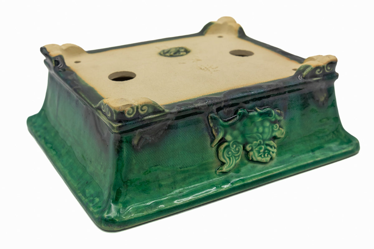 #719 Medium Rectangle Oribe Green Bushuan Japanese Bonsai Pot – Hand Formed Foo-Dog Double Chop Cloud Feet Extended Rim