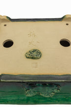 #719 Medium Rectangle Oribe Green Bushuan Japanese Bonsai Pot – Hand Formed Foo-Dog Double Chop Cloud Feet Extended Rim