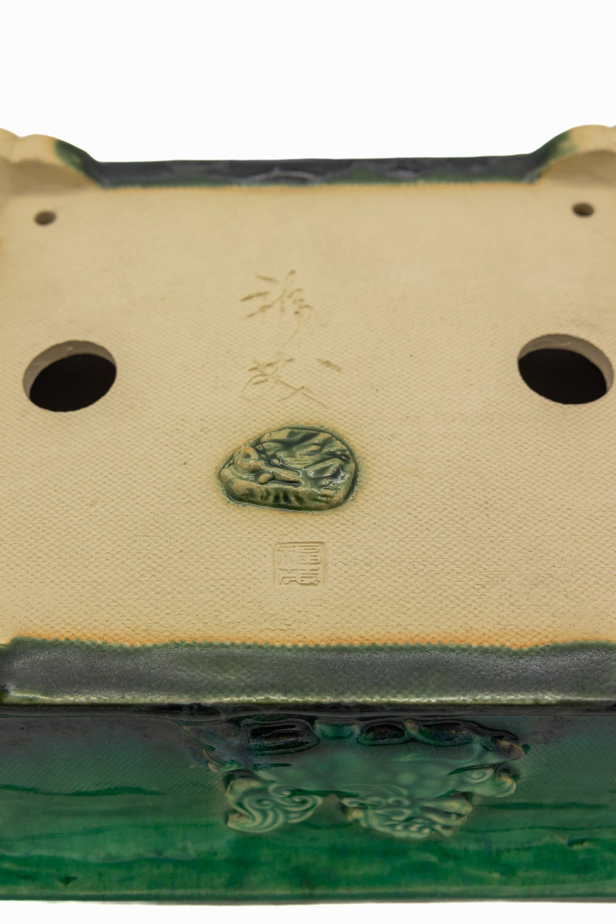 #719 Medium Rectangle Oribe Green Bushuan Japanese Bonsai Pot – Hand Formed Foo-Dog Double Chop Cloud Feet Extended Rim