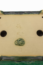 #719 Medium Rectangle Oribe Green Bushuan Japanese Bonsai Pot – Hand Formed Foo-Dog Double Chop Cloud Feet Extended Rim
