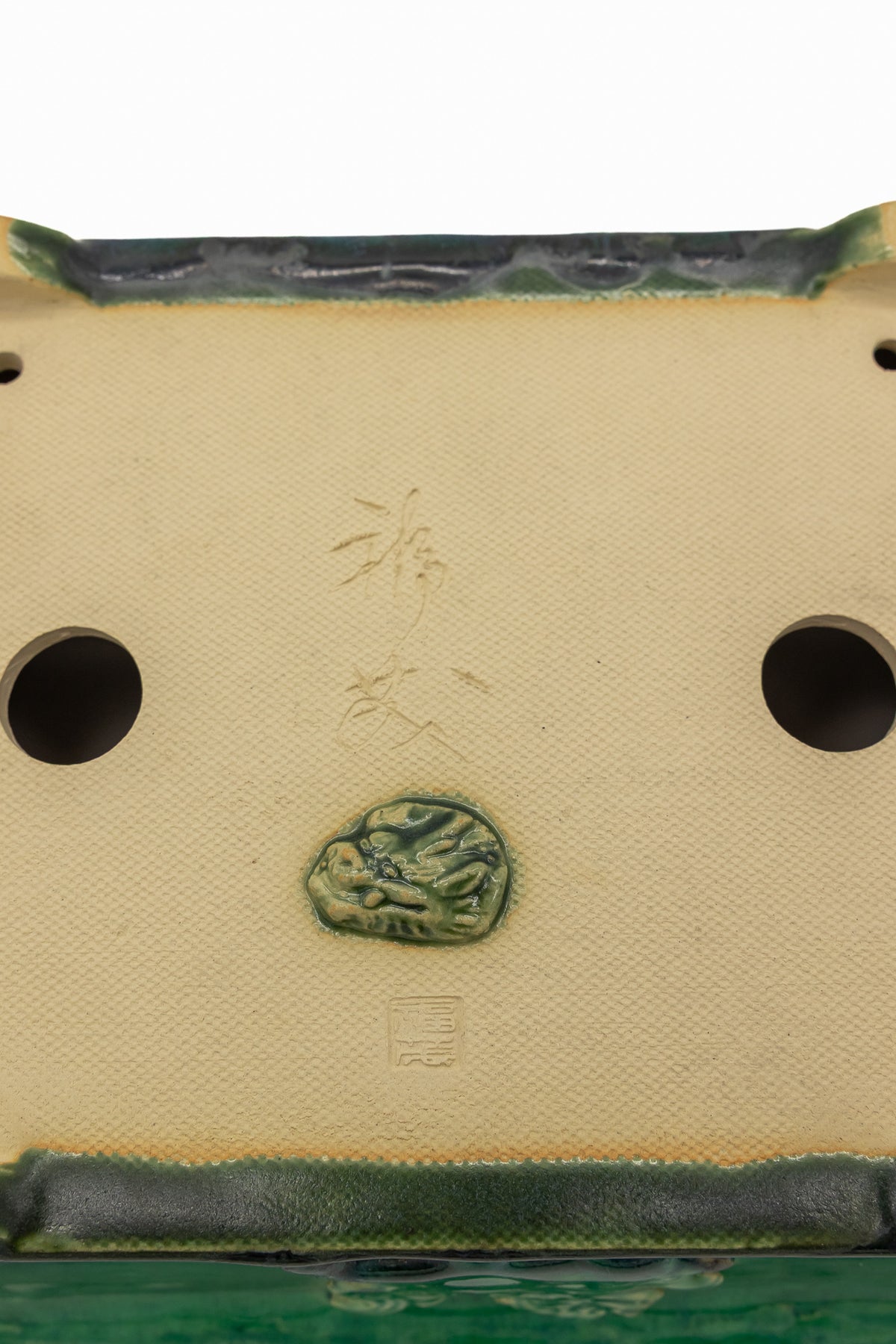 #719 Medium Rectangle Oribe Green Bushuan Japanese Bonsai Pot – Hand Formed Foo-Dog Double Chop Cloud Feet Extended Rim