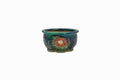 Small Round Oribe Green Japanese Bonsai Pot  #735– Bushuan Kiln, Chop and Nail Signed, Pronged Feet, Wide Body, Flared Rim, Heavy Drip Glaze