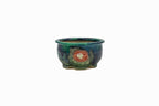 Small Round Oribe Green Japanese Bonsai Pot  #735– Bushuan Kiln, Chop and Nail Signed, Pronged Feet, Wide Body, Flared Rim, Heavy Drip Glaze
