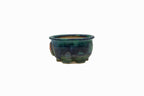 Small Round Oribe Green Japanese Bonsai Pot  #735– Bushuan Kiln, Chop and Nail Signed, Pronged Feet, Wide Body, Flared Rim, Heavy Drip Glaze