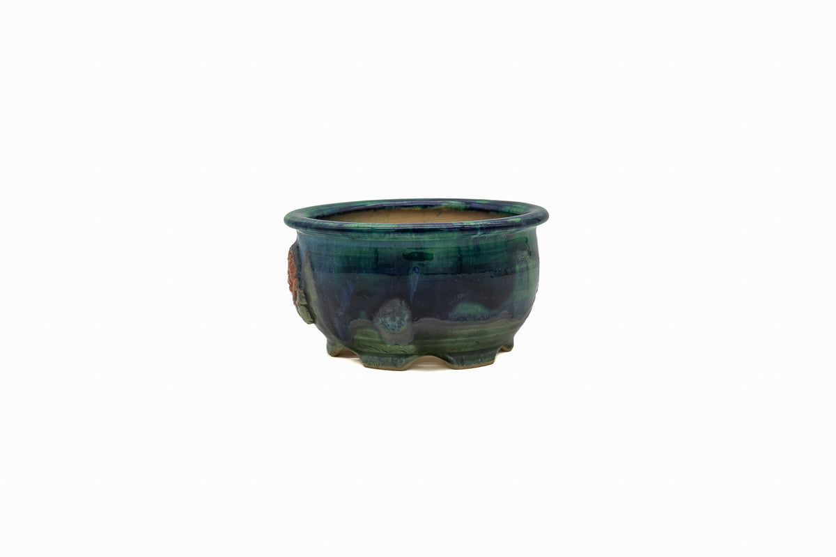 Small Round Oribe Green Japanese Bonsai Pot  #735– Bushuan Kiln, Chop and Nail Signed, Pronged Feet, Wide Body, Flared Rim, Heavy Drip Glaze