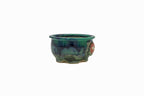 Small Round Oribe Green Japanese Bonsai Pot  #735– Bushuan Kiln, Chop and Nail Signed, Pronged Feet, Wide Body, Flared Rim, Heavy Drip Glaze