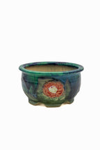 Small Round Oribe Green Japanese Bonsai Pot  #735– Bushuan Kiln, Chop and Nail Signed, Pronged Feet, Wide Body, Flared Rim, Heavy Drip Glaze