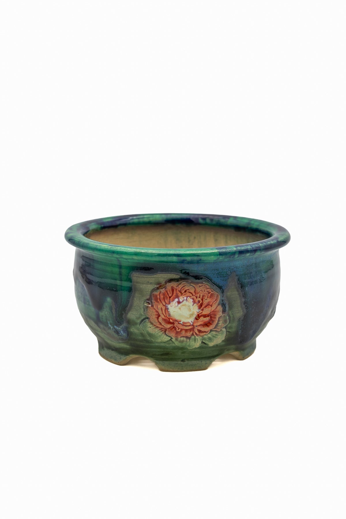 Small Round Oribe Green Japanese Bonsai Pot  #735– Bushuan Kiln, Chop and Nail Signed, Pronged Feet, Wide Body, Flared Rim, Heavy Drip Glaze