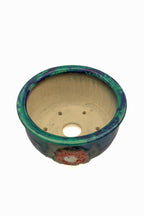 Small Round Oribe Green Japanese Bonsai Pot  #735– Bushuan Kiln, Chop and Nail Signed, Pronged Feet, Wide Body, Flared Rim, Heavy Drip Glaze