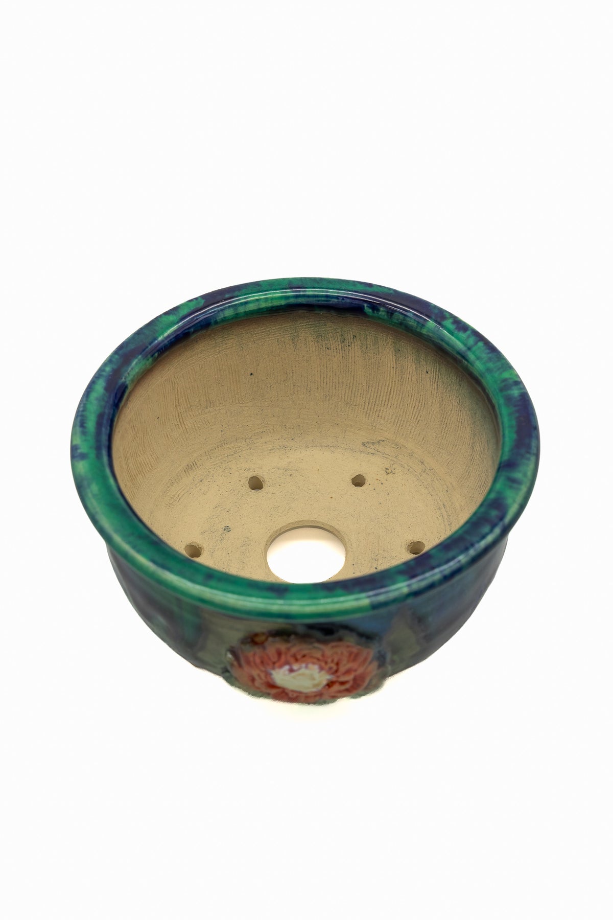 Small Round Oribe Green Japanese Bonsai Pot  #735– Bushuan Kiln, Chop and Nail Signed, Pronged Feet, Wide Body, Flared Rim, Heavy Drip Glaze
