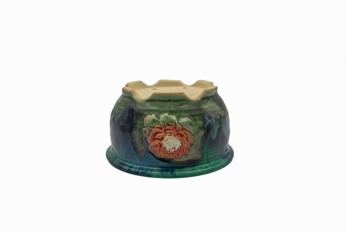 Small Round Oribe Green Japanese Bonsai Pot  #735– Bushuan Kiln, Chop and Nail Signed, Pronged Feet, Wide Body, Flared Rim, Heavy Drip Glaze