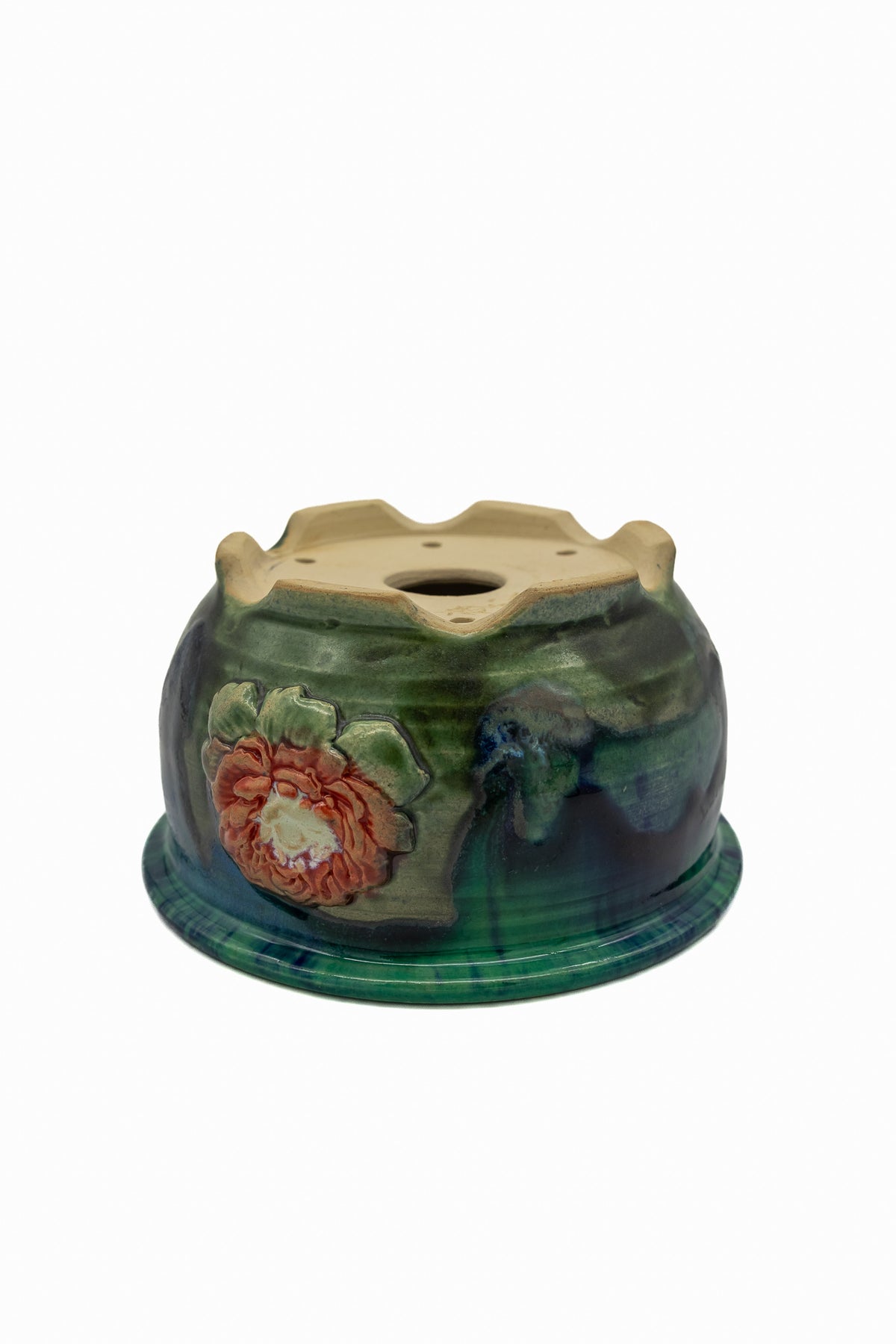 Small Round Oribe Green Japanese Bonsai Pot  #735– Bushuan Kiln, Chop and Nail Signed, Pronged Feet, Wide Body, Flared Rim, Heavy Drip Glaze