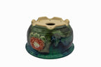 Small Round Oribe Green Japanese Bonsai Pot  #735– Bushuan Kiln, Chop and Nail Signed, Pronged Feet, Wide Body, Flared Rim, Heavy Drip Glaze
