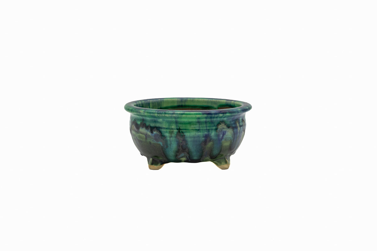 Small Round Oribe Green Japanese Bonsai Pot #767 – Bushuan Kiln, Chop and Nail Signed, Pronged Feet, Heavy Drip Glaze, Hand Formed with Foo-Dog Carving
