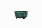 Small Round Oribe Green Japanese Bonsai Pot #767 – Bushuan Kiln, Chop and Nail Signed, Pronged Feet, Heavy Drip Glaze, Hand Formed with Foo-Dog Carving