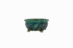 Small Round Oribe Green Japanese Bonsai Pot #767 – Bushuan Kiln, Chop and Nail Signed, Pronged Feet, Heavy Drip Glaze, Hand Formed with Foo-Dog Carving