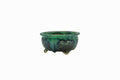 3.5 Inch Small Round Oribe Green Bushuan Japanese Bonsai Pot #767 – Hand Formed, Foo-Dog Carving, Pronged Feet, Heavy Drip Glaze, Chop and Nail Signed
