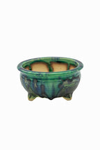 Small Round Oribe Green Japanese Bonsai Pot #767 – Bushuan Kiln, Chop and Nail Signed, Pronged Feet, Heavy Drip Glaze, Hand Formed with Foo-Dog Carving