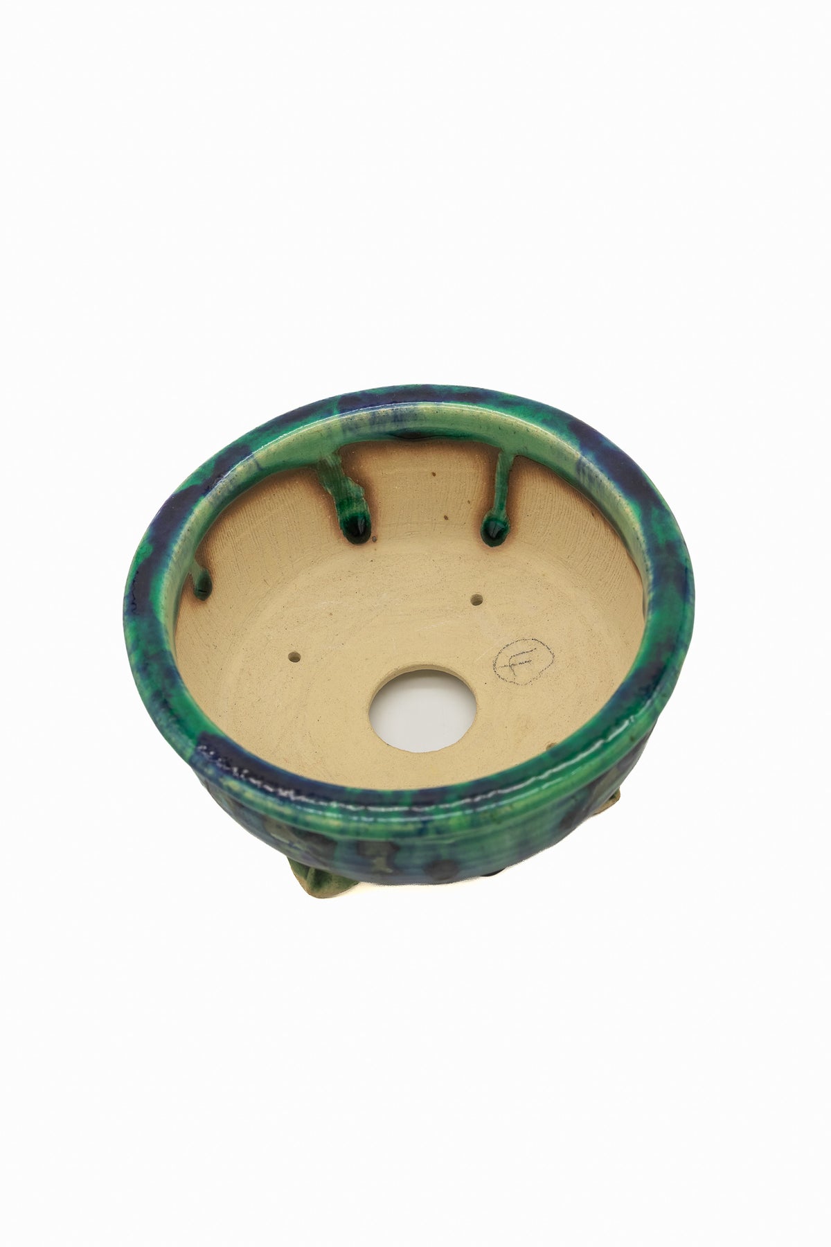 Small Round Oribe Green Japanese Bonsai Pot #767 – Bushuan Kiln, Chop and Nail Signed, Pronged Feet, Heavy Drip Glaze, Hand Formed with Foo-Dog Carving