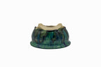 Small Round Oribe Green Japanese Bonsai Pot #767 – Bushuan Kiln, Chop and Nail Signed, Pronged Feet, Heavy Drip Glaze, Hand Formed with Foo-Dog Carving