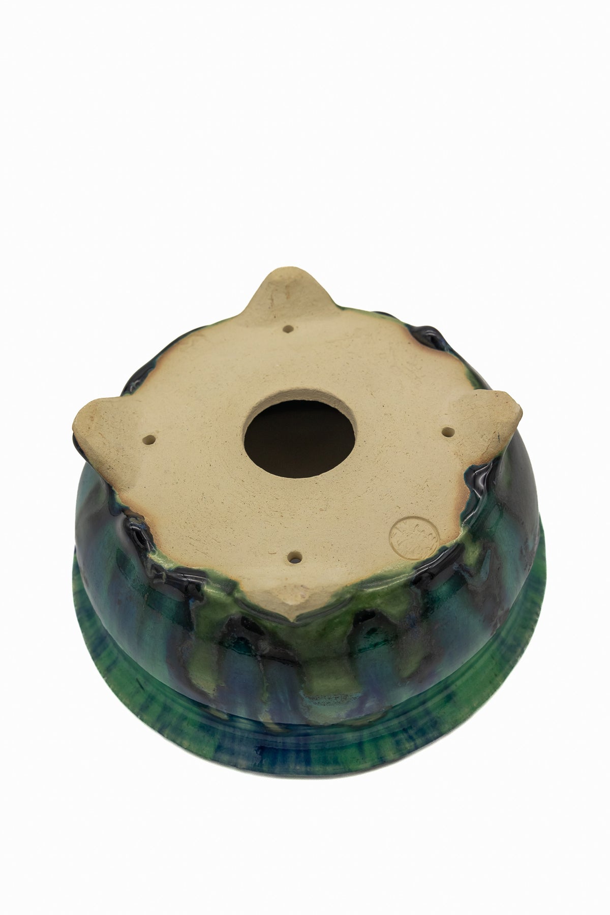Small Round Oribe Green Japanese Bonsai Pot #767 – Bushuan Kiln, Chop and Nail Signed, Pronged Feet, Heavy Drip Glaze, Hand Formed with Foo-Dog Carving