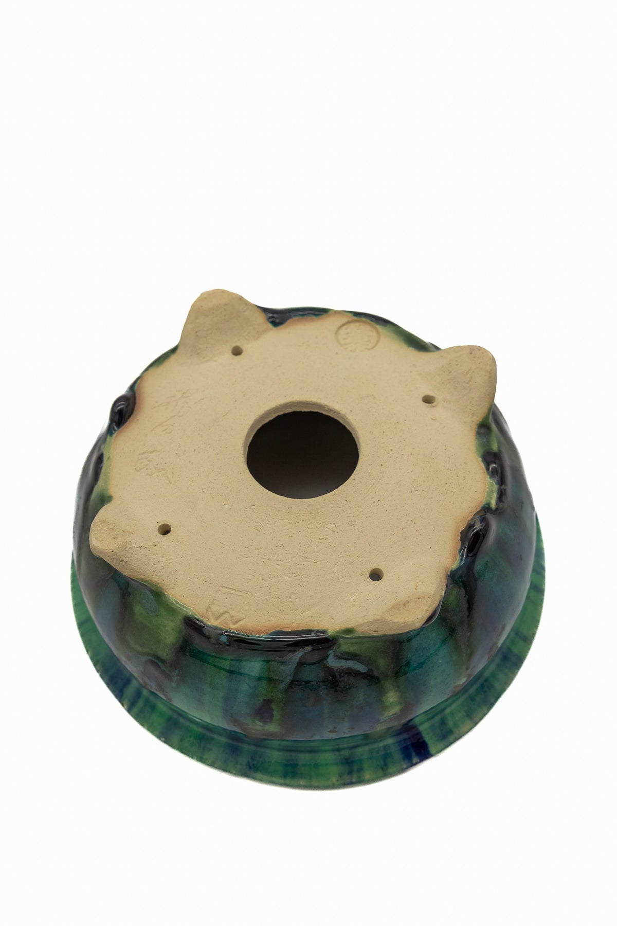 Small Round Oribe Green Japanese Bonsai Pot #767 – Bushuan Kiln, Chop and Nail Signed, Pronged Feet, Heavy Drip Glaze, Hand Formed with Foo-Dog Carving